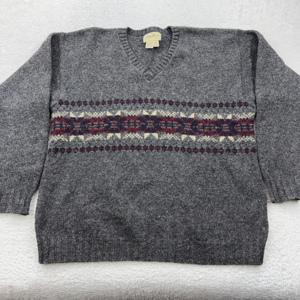 Vintage Eddie Bauer Mens V Neck Sweater Large Gray Fair Isle Wool Blend Tall